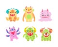 Funny Toothy Monsters with Horns and Open Mouth Vector Set