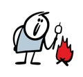 Funny tourist boy roasts marshmallows on a campfire on a hike Vector illustration of a stickman on vacation.