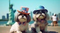 funny tourist dog couple on vacation trip on Usa, New York. Generative Ai