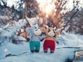 Funny toy bulls stand in winter and hold a heart in their paws