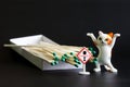 Funny toy kitten with raised paws next to an open matchbox and a Danger warning sign. Concept of teaching children the rules of