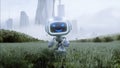 Funny toy robot in the meadow on the background of a futuristic city. Future concept. 3d rendering. Royalty Free Stock Photo