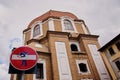 Funny traffic signs, Florence, Italy-March 30, 2018: No Entry and Dead End street signs in streets of Florence were animated by a