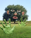 Funny Tree with human Hands and Face in a Green Field