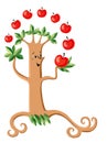 Funny tree juggles red apples. Vector illustration.