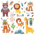 Funny tribal animals. Woodland baby animal, cute wild forest fox and jungle tribals zoo isolated cartoon vector