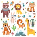 Funny tribal animals. Woodland baby animal, cute wild forest fox and jungle tribals zoo isolated cartoon vector character set