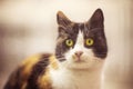 Funny tricolor cat looking wide eyes into the window from the street