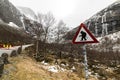 Funny troll warning sign at the road to Trollstigen, Norway