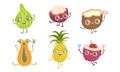 Funny Tropical Fruit Characters Set, Papaya, Pineapple, Lychee, Coconut, Mangosteen, Guava Vector Illustration