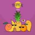 Funny tropical fruits set. Pineapple, mango, orange, kiwi, banana, grapefruit. Vector cartoon. Friends forever. Cute comic charact Royalty Free Stock Photo