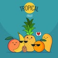 Funny tropical fruits set. Pineapple, mango, orange, kiwi, banana, grapefruit. Vector cartoon. Friends forever. Cute comic charact Royalty Free Stock Photo