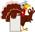 Funny turkey cartoon posing with blank sign