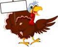 Funny turkey cartoon posing with blank sign