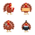 Funny turkey icons set cartoon . Cartoon character turkey bird