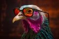 Funny turkey wearing sunglasses in studio with a colorful and bright background. Generative AI