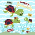 Funny turtle family cartoon with fishes