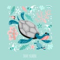 Funny turtles surrounded by marine plants, corals and fish. Diving school banner template Royalty Free Stock Photo