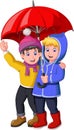 Funny Two Boys Under Red Umbrella in Rainy Day Cartoon Royalty Free Stock Photo
