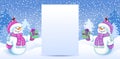 Funny two snowmen with celebratory Christmas paper background for layout letter with list wish to Santa Claus or announcement Royalty Free Stock Photo
