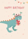 Funny tyrannosaurus rex on a birthday card. Dino in sunglasses with palm trees, giving a gift. Dinosaur holiday, bunting