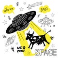 Funny ufo abduction cow space stars spaceship for cover, textile, t shirt.Hand drawn vector illustration Royalty Free Stock Photo