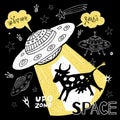 Funny Ufo Abduction Cow Space Stars Spaceship For Cover, Textile, T Shirt. Hand Drawn Vector Illustration