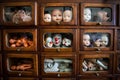 Funny and ugly faces of dolls inside wooden house with small windows. Many parts of heads and legs inside small boxes