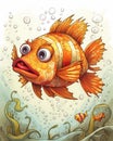 Big eye fish, ugly fish with exaggerated features, cartoon illustration