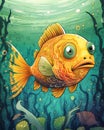 Big eye fish, ugly fish with exaggerated features, cartoon illustration