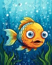 Big eye fish, ugly fish with exaggerated features, cartoon illustration