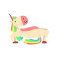 Funny Unicorn in Bridge Position, Fantasy Beautiful Horse Character with Rainbow Mane and Tail Practicing Yoga Exercise