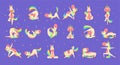 Funny Unicorn Character with Rainbow Mane and Tail Practicing Yoga Exercises Big Vector Set