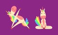 Funny Unicorn Character with Rainbow Mane and Tail Practicing Yoga Exercises Vector Set