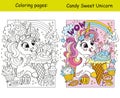 Funny unicorn eats ice cream coloring and template vector