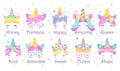 Funny unicorn face prints. Queen and princess unicorns, magic fairytale pony with gold horn graphic design. Cute cartoon