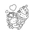 Funny unicorn with ice cream. Black and white linear image. Vector