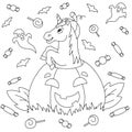 Funny unicorn jumping out of a pumpkin for halloween holiday. Coloring book page for kids. Cartoon style character. Vector