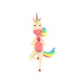Funny Unicorn Meditating in Tree Position, Fantasy Beautiful Horse Character with Rainbow Mane and Tail Practicing Yoga