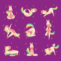 Funny Unicorn Practicing Yoga Exercises Set , Fantasy Lovely Horse Character with Rainbow Mane and Tail Vector