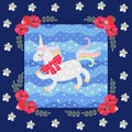 Funny unicorn with a red bow around his neck on a blue background with polka dots. Beautiful floral frame. Funny patchwork pattern