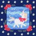 Funny unicorn with red bow on blue background with polka dots in a beautiful floral frame. Great collection. Patchwork pattern