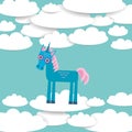 Funny unicorn White clouds on blue sky background. Vector