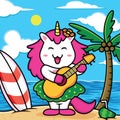 Funny unicorns playing guitar on the beach