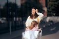 Stressed Mom with Wind in Her Hair Pushing Shopping Cart