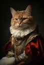 Funny unreal portrait of a cat in historical portrait style with clothes and crown. Pets as kings. Royalty Free Stock Photo