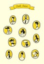 Funny user avatars in doodle style. Human faces in frames on yellow background. Vector illustration.