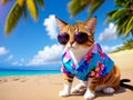 Funny Cat on vacation in Hawaiian shirt and sunglasses. advertising offers of travel agencies and operators. journey, trip, tour Royalty Free Stock Photo
