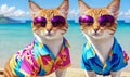 Funny Cat on vacation in Hawaiian shirt and sunglasses. advertising offers of travel agencies and operators. journey, trip, tour Royalty Free Stock Photo