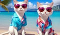 Funny Cat on vacation in Hawaiian shirt and sunglasses. advertising offers of travel agencies and operato Royalty Free Stock Photo